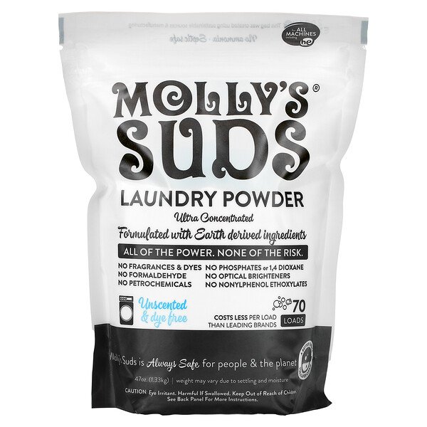 Стиральный порошок, ультраконцентрированный, без запаха, 47 унций (1,33 кг) Molly's Suds