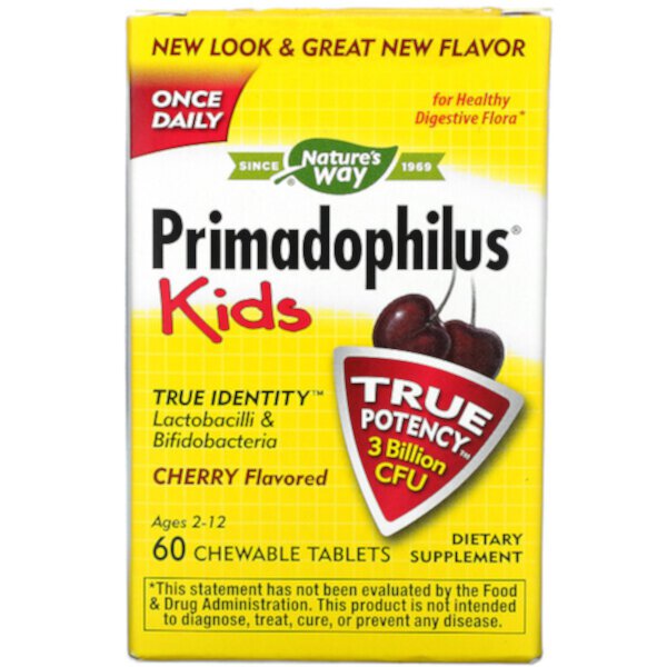 Primadophilus, Kids, 2–12 лет, вишня, 3 миллиарда КОЕ, 60 жевательных таблеток Nature's Way
