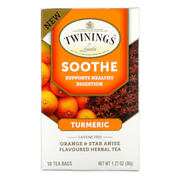 Soothe Herbal Tea, куркума, апельсин и звездчатый анис, без кофеина, 18 чайных пакетиков, 1,27 унции (36 г) Twinings