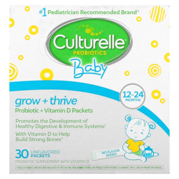 Probiotics, Baby, Grow + Thrive, пакетики с пробиотиками и витамином D, для детей от 12 до 24 месяцев, без вкуса, 30 пакетиков на одну порцию Culturelle