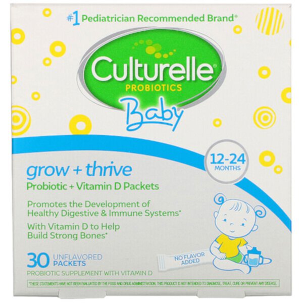 Probiotics, Baby, Grow + Thrive, пакетики с пробиотиками и витамином D, для детей от 12 до 24 месяцев, без вкуса, 30 пакетиков на одну порцию Culturelle