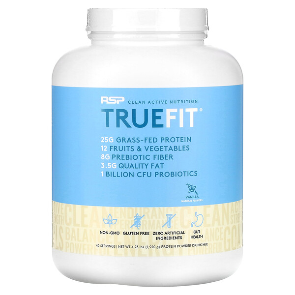 TrueFit, Сывороточный протеиновый коктейль травяного откорма с фруктами и овощами, ваниль, 4,23 фунта (1,92 кг) RSP Nutrition