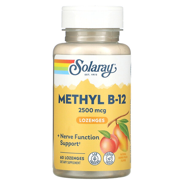 Высокоэффективный метил B-12, натуральный манго-персик, 2500 мкг, 60 пастилок Solaray
