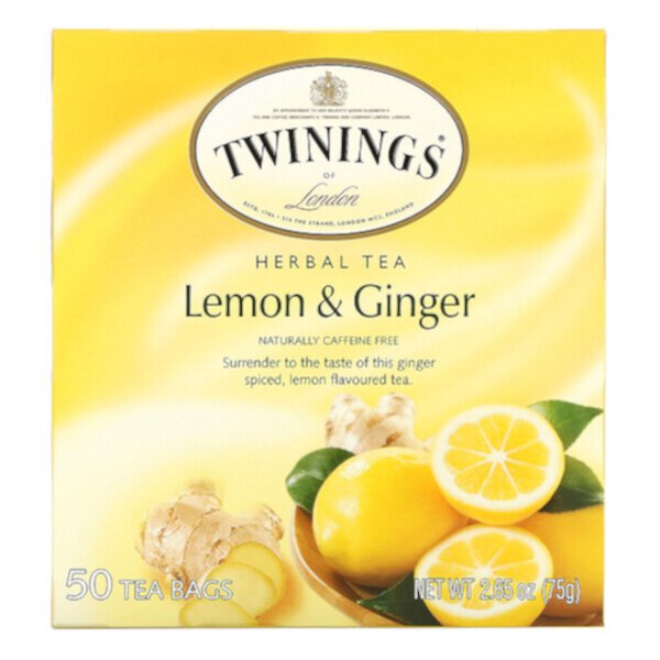 Травяной чай, лимон и имбирь, без кофеина, 50 чайных пакетиков, 2,65 унции (75 г) Twinings