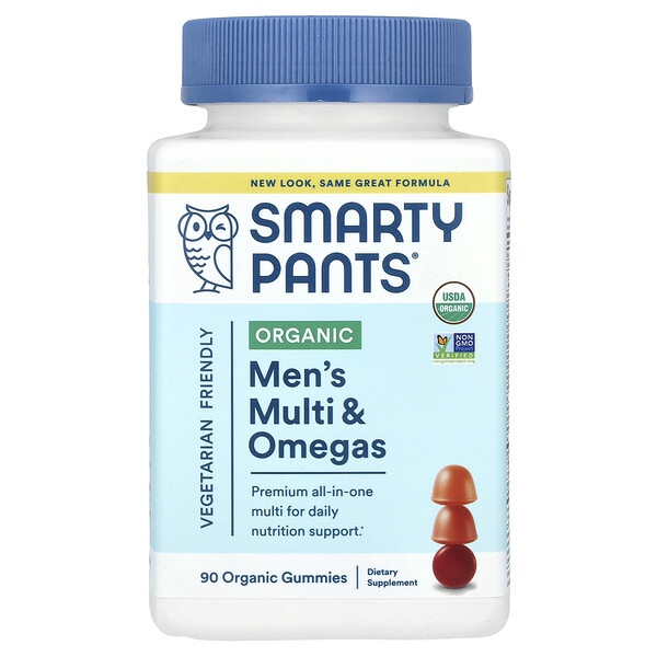 Organic, Men's Multi & Omegas Gummies (Жевательные конфеты), Raspberry, Orange, and Cherry, 90 Organic Gummies SmartyPants