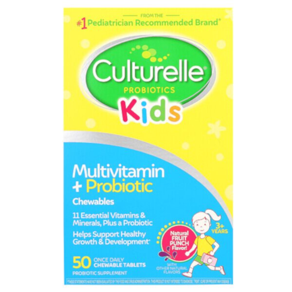 Kids, Жевательные таблетки мультивитамины + пробиотики, от 3 лет, натуральный фруктовый пунш, 50 жевательных таблеток Culturelle