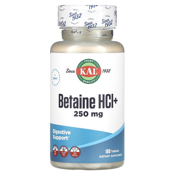 Betaine HCl+, 250 мг, 100 таблеток - KAL KAL
