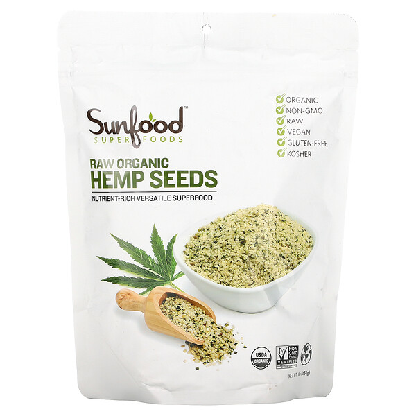 Сырые органические очищенные семена конопли, 1 фунт (454 г) Sunfood
