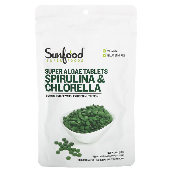 Спирулина и хлорелла, таблетки с суперводорослями, 250 мг, 456 таблеток Sunfood