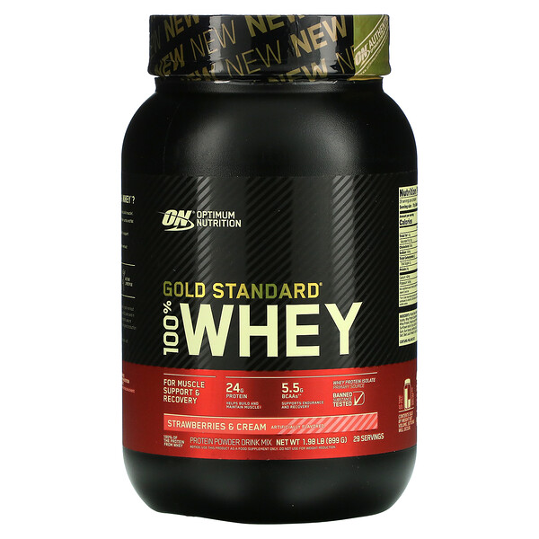 Gold Standard 100% Whey, клубника и сливки, 1,98 фунта (899 г) Optimum Nutrition