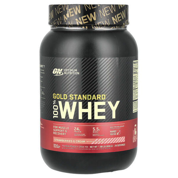 Gold Standard 100% Whey, Strawberries & Cream (Крем), 1.98 lb (Фунты) (899 g) Optimum Nutrition