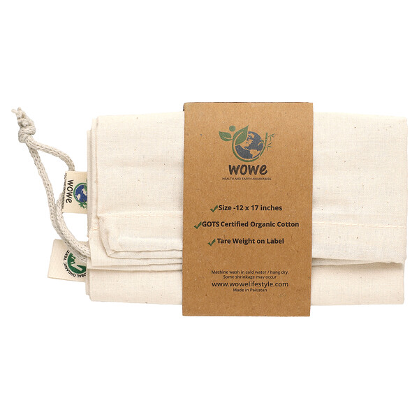 Сертифицированная муслиновая сумка из органического хлопка, 1 сумка, 12 дюймов x 17 дюймов Wowe
