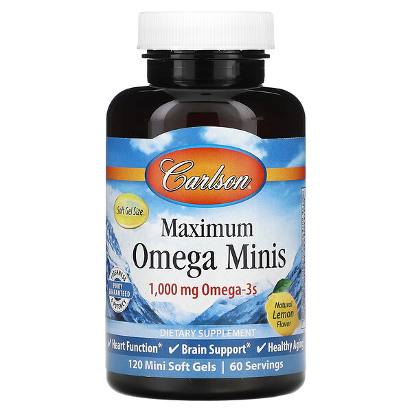 Максимальный Омега Мини, Натуральный Лимон, 1000 мг, 120 мини мягких капсул (500 мг на капсулу) - Carlson Carlson