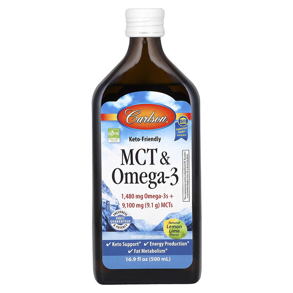 MCT & Omega-3, Keto Friendly, Натуральный лимонно-лаймовый вкус - 500 мл - Carlson Carlson