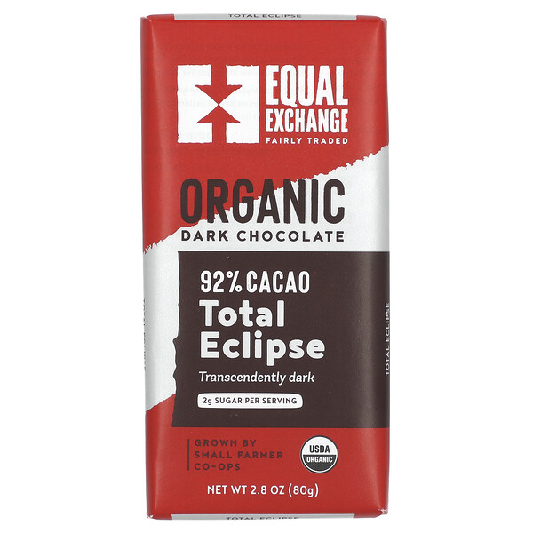 Органический темный шоколад, Total Eclipse, 92% какао, 2,8 унции (80 г) Equal Exchange