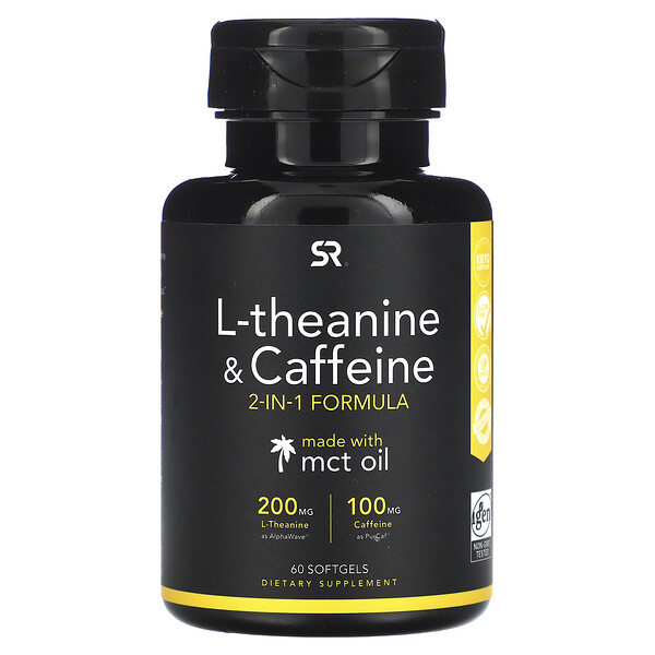 L-теанин и кофеин, формула 2-в-1, 60 мягких таблеток Sports Research