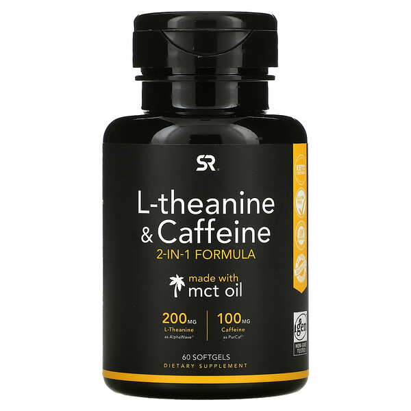 L-теанин и кофеин, формула 2-в-1, 60 мягких таблеток Sports Research