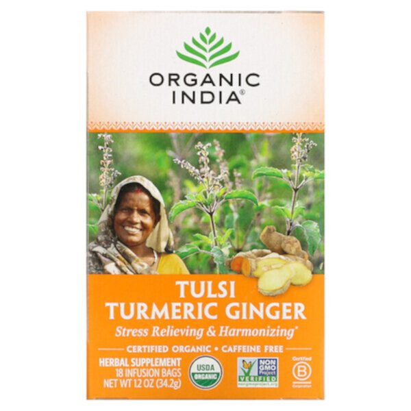 Tulsi Tea, имбирь с куркумой, без кофеина, 18 пакетиков для заваривания, 1,2 унции (34,2 г) Organic India