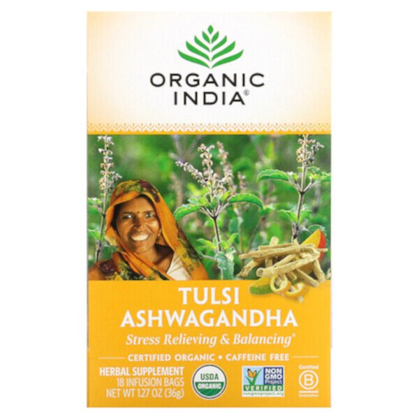 Tulsi Tea, Ashwagandha, без кофеина, 18 пакетиков для заваривания, 1,27 унции (36 г) Organic India