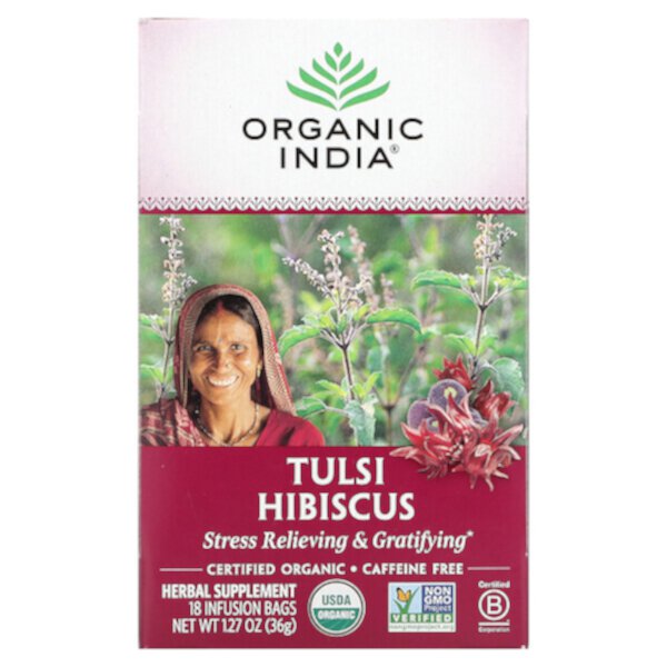 Tulsi Tea, Гибискус, без кофеина, 18 пакетиков для заваривания, 1,27 унции (36 г) Organic India