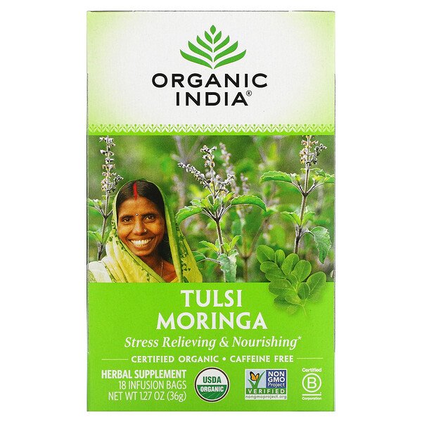 Tulsi Tea, Моринга, без кофеина, 18 пакетиков для заваривания, 1,27 унции (36 г) Organic India