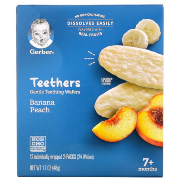 Teethers, Нежные вафли для прорезывания зубов, от 7 месяцев, банановый персик, 12 упаковок, по 2 вафли в каждой GERBER