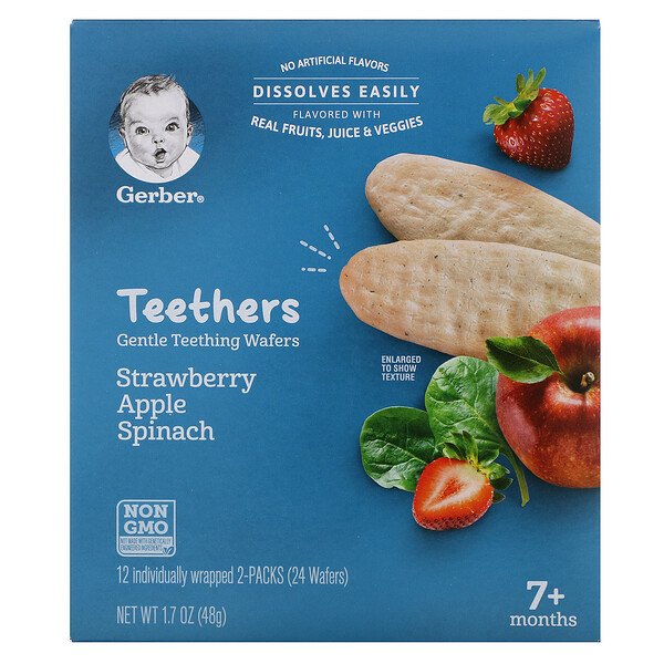 Teethers, Нежные вафли для прорезывания зубов, от 7 месяцев, клубнично-яблочный шпинат, 12 упаковок, по 2 вафли в каждой GERBER
