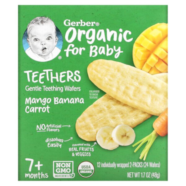 Organic Teethers, Нежные вафли для прорезывания зубов, от 7 месяцев, манго, банан, морковь, 12 упаковок, по 2 вафли в каждой GERBER