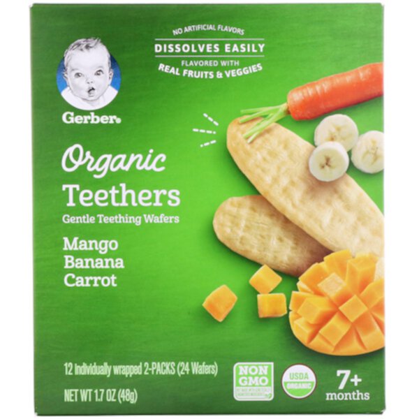 Organic Teethers, Нежные вафли для прорезывания зубов, от 7 месяцев, манго, банан, морковь, 12 упаковок, по 2 вафли в каждой GERBER