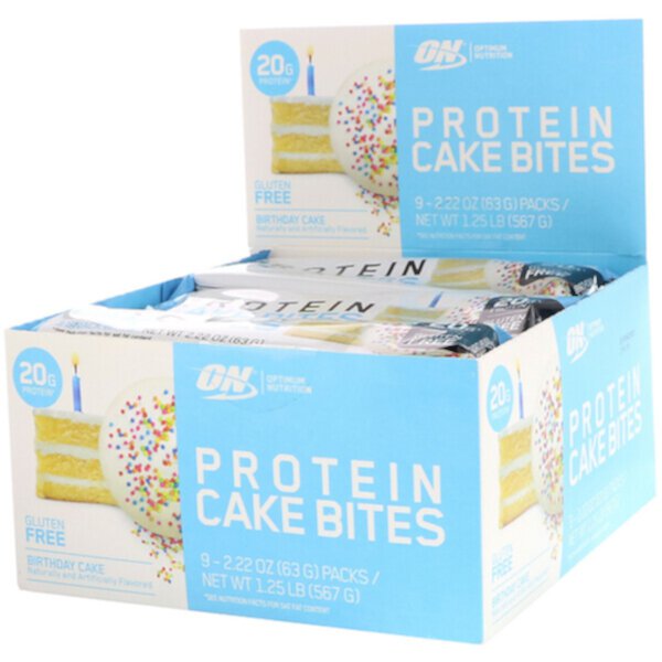 Protein Cake Bites, Торт ко дню рождения, 9 батончиков, 2,22 унции (63 г) каждый Optimum Nutrition