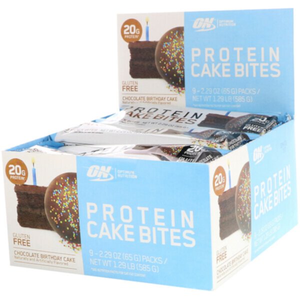 Protein Cake Bites, Шоколадный торт ко дню рождения, 9 батончиков, 2,29 унции (65 г) каждый Optimum Nutrition