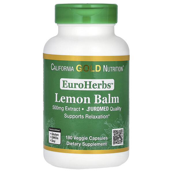 EuroHerbs, Экстракт мелиссы, европейское качество, 500 мг, 180 растительных капсул California Gold Nutrition