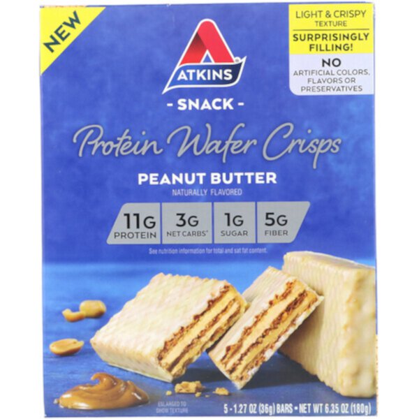 Протеиновые вафельные чипсы, арахисовое масло, 5 батончиков по 1,27 унции (36 г) каждый Atkins