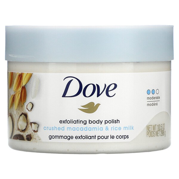 Отшелушивающий скраб для тела, измельченная макадамия и рисовое молоко, 10,5 унций (298 г) Dove