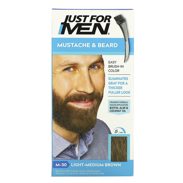 Усы и борода, Цвет для окрашивания кистью, M-30 светло-средний коричневый, 1 набор для многократного нанесения Just for Men