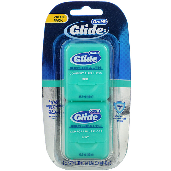 Glide, Pro-Health, нить Comfort Plus, цвет мяты, 2 упаковки, 43,7 ярда (40 м) каждая Oral-B
