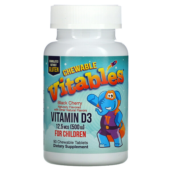 Витамин D3 для детей, жевательная резинка, черная вишня, 12,5 мкг (500 МЕ), 90 жевательных таблеток Vitables