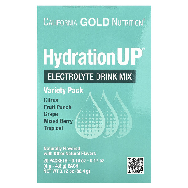 HydrationUP, Electrolyte Drink Mix, Variety Pack, 20 Packets (Пакеты ), 0.15 oz (Унции) (4.2 g) Each California Gold Nutrition