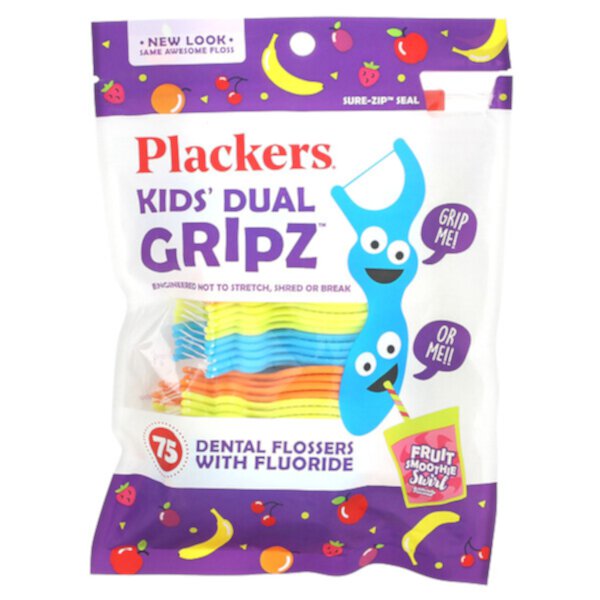 Kid's Dual Gripz, Зубные нити с фтором, фруктовый смузи-вихрь, 75 шт. Plackers