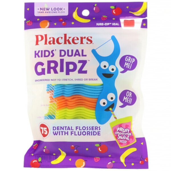 Kid's Dual Gripz, Зубные нити с фтором, фруктовый смузи-вихрь, 75 шт. Plackers