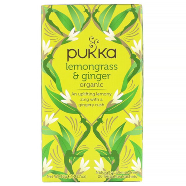 Органический лемонграсс и имбирь, без кофеина, 20 пакетиков травяного чая, 1,27 унции (36 г) Pukka Herbs