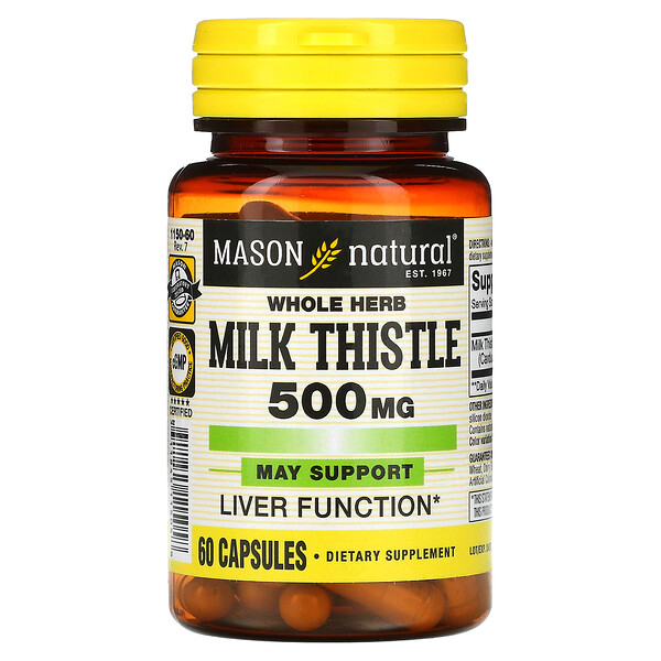 Whole Herb Milk Thistle, 500 mg, 60 Capsules (Капсулы) Mason Natural