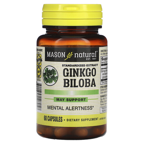 Гинкго билоба, стандартизированный экстракт, 60 капсул Mason Natural