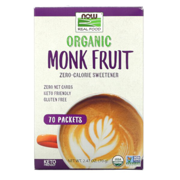 Real Food, Органический бескалорийный подсластитель Monk Fruit, 70 пакетиков, 2,47 унции (70 г) NOW Foods