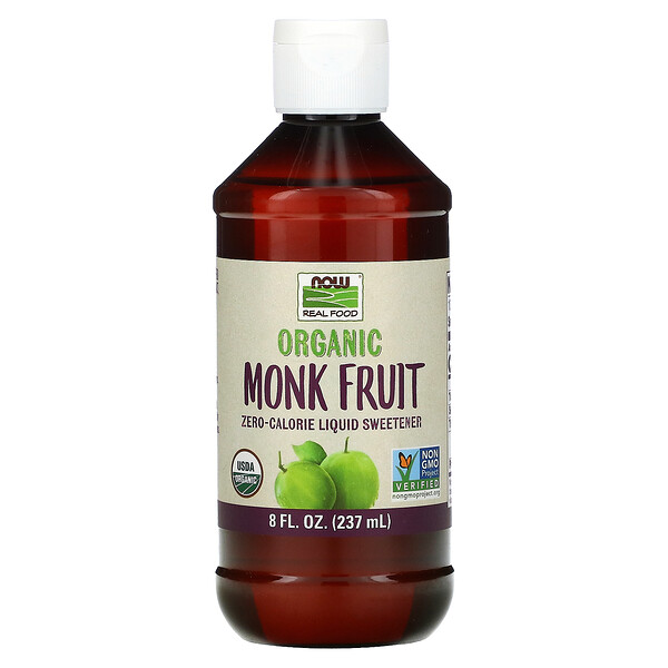 Real Food, Organic Monk Fruit, жидкий подсластитель с нулевой калорийностью, 8 жидких унций (237 мл) NOW Foods