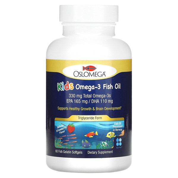 Детский рыбий жир с омега-3, натуральный вкус клубники, 60 мягких желатиновых капсул с рыбьим вкусом Oslomega