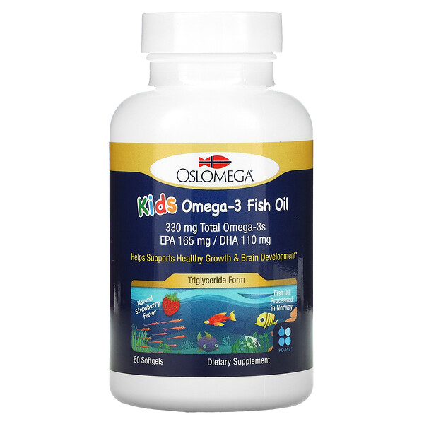 Детский рыбий жир с омега-3, натуральный вкус клубники, 60 мягких желатиновых капсул с рыбьим вкусом Oslomega