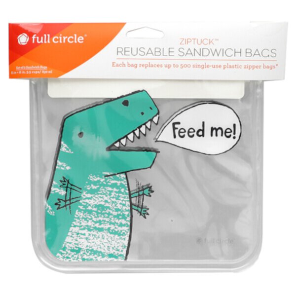 ZipTuck, Многоразовые пакеты для сэндвичей, динозавр, 2 пакета Full Circle