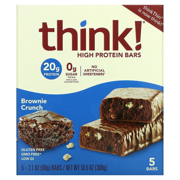 High Protein Bars, Brownie Crunch, 5 батончиков, 2,1 унции (60 г) каждый Think!