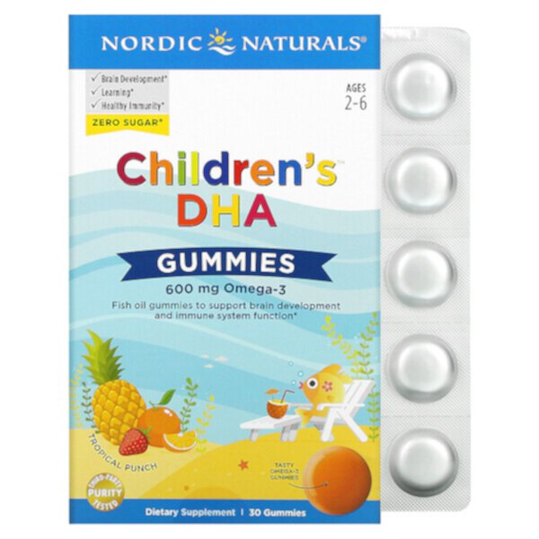 Жевательные конфеты с ДГК для детей, Tropical Punch, 600 мг, 30 жевательных конфет Nordic Naturals